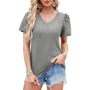 imageXIEERDUO Lace Puff Sleeve Tops for Women 2024 V Neck Shirts Womens Shirts Dressy Casual Loose Tops Summer Tee ShirtA10gray