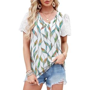 imageXIEERDUO Lace Puff Sleeve Tops for Women 2024 V Neck Shirts Womens Shirts Dressy Casual Loose Tops Summer Tee ShirtLeaf Print