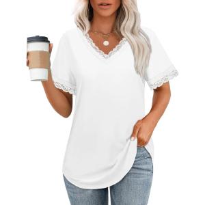 imageXIEERDUO V Neck T Shirts for Women Lace Sleeve Ladies Tops and Blouses Summer Outfits Basic TeeAwhite