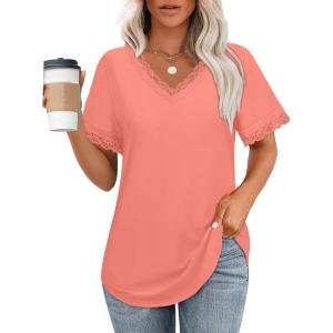 imageXIEERDUO V Neck T Shirts for Women Lace Sleeve Ladies Tops and Blouses Summer Outfits Basic TeeBcoral