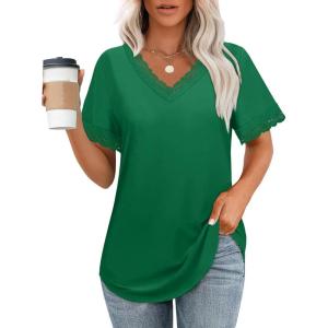 imageXIEERDUO V Neck T Shirts for Women Lace Sleeve Ladies Tops and Blouses Summer Outfits Basic TeeBgreen
