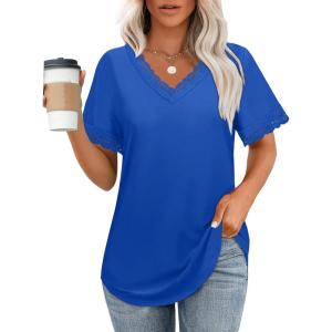 imageXIEERDUO V Neck T Shirts for Women Lace Sleeve Ladies Tops and Blouses Summer Outfits Basic TeeBroyal Blue