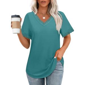 imageXIEERDUO V Neck T Shirts for Women Lace Sleeve Ladies Tops and Blouses Summer Outfits Basic TeeLight Blue