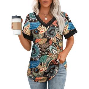 imageXIEERDUO V Neck T Shirts for Women Lace Sleeve Ladies Tops and Blouses Summer Outfits Basic TeePatternedblack Leaf