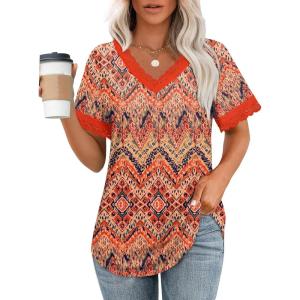 imageXIEERDUO V Neck T Shirts for Women Lace Sleeve Ladies Tops and Blouses Summer Outfits Basic TeePatternedboho Floral