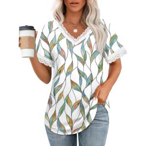 imageXIEERDUO V Neck T Shirts for Women Lace Sleeve Ladies Tops and Blouses Summer Outfits Basic TeePatternedwhite Leaf