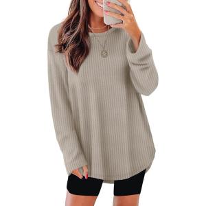 imageXIEERDUO Women Tunic Tops Dressy Casual Long Sleeve Shirts Fall Trendy Waffle Knit Crewneck Curved Hem Fashion Clothing 2025Akhaki