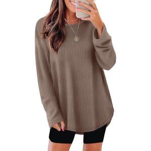 imageXIEERDUO Women Tunic Tops Dressy Casual Long Sleeve Shirts Fall Trendy Waffle Knit Crewneck Curved Hem Fashion Clothing 2025Ccaramel