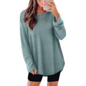 imageXIEERDUO Women Tunic Tops Dressy Casual Long Sleeve Shirts Fall Trendy Waffle Knit Crewneck Curved Hem Fashion Clothing 2025Eblue Green