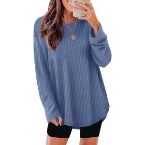 imageXIEERDUO Women Tunic Tops Dressy Casual Long Sleeve Shirts Fall Trendy Waffle Knit Crewneck Curved Hem Fashion Clothing 2025Fnavy Blue