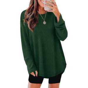imageXIEERDUO Women Tunic Tops Dressy Casual Long Sleeve Shirts Fall Trendy Waffle Knit Crewneck Curved Hem Fashion Clothing 2025Hdark Green