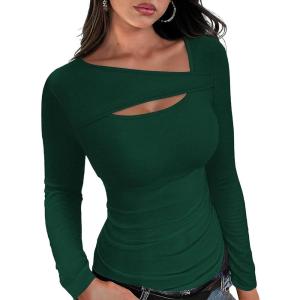 imageXIEERDUO Womens Long Sleeve Tops Slim Fit Fall Tops for Women 2025 Cutout Tops Y2K Ribbed TshirtGreen