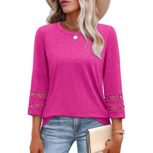 imageXIEERDUO 34 Length Sleeve Womens Tops and Blouses Dressy Casual Crewneck T Shirts Fashion Clothes Loose Fit TrendyHot Pink