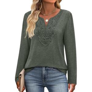 imageXIEERDUO Boho Tops for Women Blouses Dressy Casual V Neck Long Sleeve Shirts Fall Outfits Trendy Vacation ClothesArmy Green