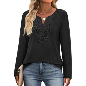 imageXIEERDUO Boho Tops for Women Blouses Dressy Casual V Neck Long Sleeve Shirts Fall Outfits Trendy Vacation ClothesBlack