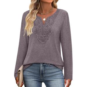 imageXIEERDUO Boho Tops for Women Blouses Dressy Casual V Neck Long Sleeve Shirts Fall Outfits Trendy Vacation ClothesGrey Purple