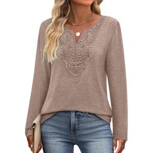 imageXIEERDUO Boho Tops for Women Blouses Dressy Casual V Neck Long Sleeve Shirts Fall Outfits Trendy Vacation ClothesKhaki