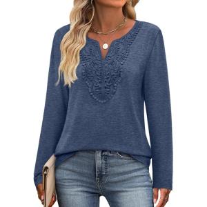 imageXIEERDUO Boho Tops for Women Blouses Dressy Casual V Neck Long Sleeve Shirts Fall Outfits Trendy Vacation ClothesNavy