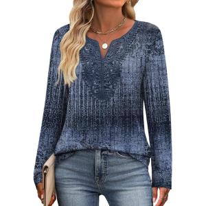 imageXIEERDUO Boho Tops for Women Blouses Dressy Casual V Neck Long Sleeve Shirts Fall Outfits Trendy Vacation ClothesZ Navy Printed