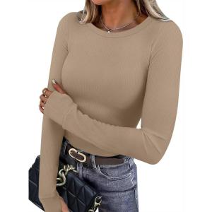 imageXIEERDUO Long Sleeve Thermal Shirt for Women Fleece Slim Fit Tops Crewneck Basic TShirts with Thumb Holes Fall Fashion 2025Khaki