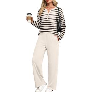 imageXIEERDUO Lounge Sets for Women 2 Piece V Neck Button Matching Sweatsuit Loungewear Fall Outfits Fashion Clothing PajamasStripes Apricot