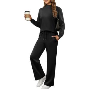 imageXIEERDUO Womens Side Slit Lounge Sets 2 Piece Outfits Mock Neck Tracksuit Fashion Sweatsuit Wide Leg Loungewear S3XLA Black