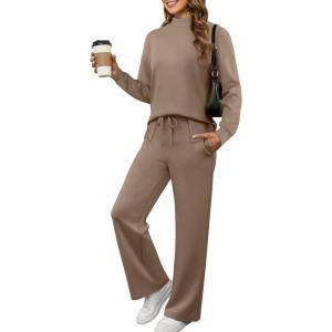 imageXIEERDUO Womens Side Slit Lounge Sets 2 Piece Outfits Mock Neck Tracksuit Fashion Sweatsuit Wide Leg Loungewear S3XLA Khaki