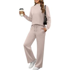 imageXIEERDUO Womens Side Slit Lounge Sets 2 Piece Outfits Mock Neck Tracksuit Fashion Sweatsuit Wide Leg Loungewear S3XLApricot