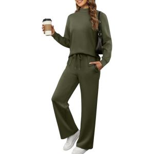 imageXIEERDUO Womens Side Slit Lounge Sets 2 Piece Outfits Mock Neck Tracksuit Fashion Sweatsuit Wide Leg Loungewear S3XLArmy Green
