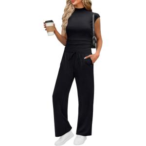 imageXIEERDUO Womens Side Slit Lounge Sets 2 Piece Outfits Mock Neck Tracksuit Fashion Sweatsuit Wide Leg Loungewear S3XLBlack