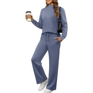 imageXIEERDUO Womens Side Slit Lounge Sets 2 Piece Outfits Mock Neck Tracksuit Fashion Sweatsuit Wide Leg Loungewear S3XLBlue
