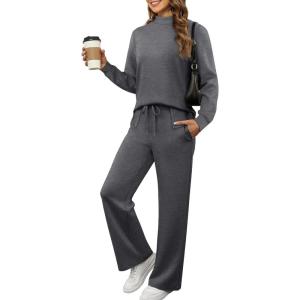 imageXIEERDUO Womens Side Slit Lounge Sets 2 Piece Outfits Mock Neck Tracksuit Fashion Sweatsuit Wide Leg Loungewear S3XLDark Grey