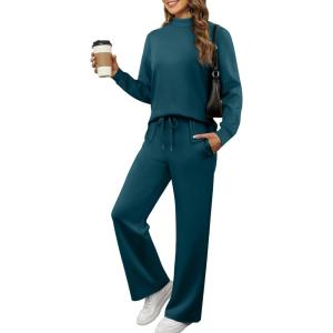 imageXIEERDUO Womens Side Slit Lounge Sets 2 Piece Outfits Mock Neck Tracksuit Fashion Sweatsuit Wide Leg Loungewear S3XLTeal