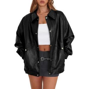 imageXIEERDUO Leather Jacket Women Fall Outfits 2025 Oversized Motorcycle Y2K Clothes Faux Leather Pocket Winter Coats Zip UpBlack