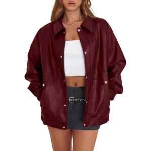 imageXIEERDUO Leather Jacket Women Fall Outfits 2025 Oversized Motorcycle Y2K Clothes Faux Leather Pocket Winter Coats Zip UpBurgundy