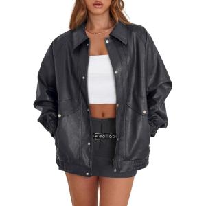 imageXIEERDUO Leather Jacket Women Fall Outfits 2025 Oversized Motorcycle Y2K Clothes Faux Leather Pocket Winter Coats Zip UpCharcoal Grey