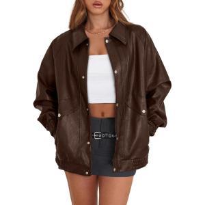 imageXIEERDUO Leather Jacket Women Fall Outfits 2025 Oversized Motorcycle Y2K Clothes Faux Leather Pocket Winter Coats Zip UpDark Brown