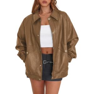 imageXIEERDUO Leather Jacket Women Fall Outfits 2025 Oversized Motorcycle Y2K Clothes Faux Leather Pocket Winter Coats Zip UpKhaki