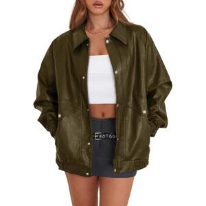 imageXIEERDUO Leather Jacket Women Fall Outfits 2025 Oversized Motorcycle Y2K Clothes Faux Leather Pocket Winter Coats Zip UpOlive Green