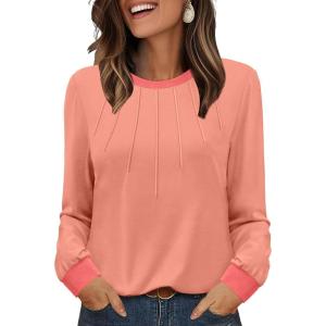 imageXIEERDUO Womens Long Sleeve Tops Color Block Casual Crewneck Tops Tshirt Basic Tee Fall Fashion Clothes Trendy OutfitsCoral