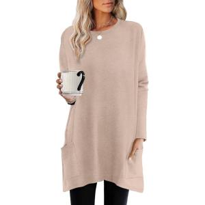 imageXIEERDUO Womens Tunic Tops Long Sleeve Crew Neck High Low Hem Loose Fit Shirts Blouses with PocketsBeige