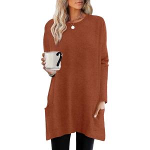 imageXIEERDUO Womens Tunic Tops Long Sleeve Crew Neck High Low Hem Loose Fit Shirts Blouses with PocketsCaramel