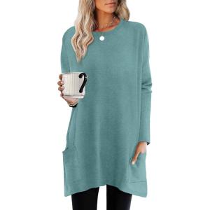 imageXIEERDUO Womens Tunic Tops Long Sleeve Crew Neck High Low Hem Loose Fit Shirts Blouses with PocketsTurquoise