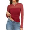imageXIEERDUO Womens Sexy Sheer Long Sleeve Tops Crew Neck Mesh Ruched Going Out Shirts Blouse Date Night OutfitsMesh Red