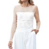imageXIEERDUO Womens Sexy Sheer Long Sleeve Tops Crew Neck Mesh Ruched Going Out Shirts Blouse Date Night OutfitsZ Lace White