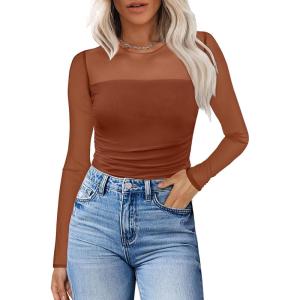 imageXIEERDUO Womens Sexy Sheer Long Sleeve Tops Crew Neck Mesh Ruched Going Out Shirts Blouse Date Night OutfitsCaramel Mesh