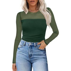 imageXIEERDUO Womens Sexy Sheer Long Sleeve Tops Crew Neck Mesh Ruched Going Out Shirts Blouse Date Night OutfitsMesh Green