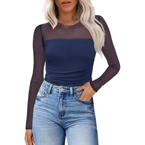 imageXIEERDUO Womens Sexy Sheer Long Sleeve Tops Crew Neck Mesh Ruched Going Out Shirts Blouse Date Night OutfitsMesh Navy