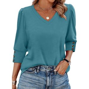 imageXIEERDUO Womens 34 Sleeve Tops with Buttons VNeck Summer Outfits Casual Blouses Shirts Beach Vacation Fall Clothes 2025Ablue Green