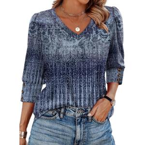 imageXIEERDUO Womens 34 Sleeve Tops with Buttons VNeck Summer Outfits Casual Blouses Shirts Beach Vacation Fall Clothes 2025Fashy Blue Gradient